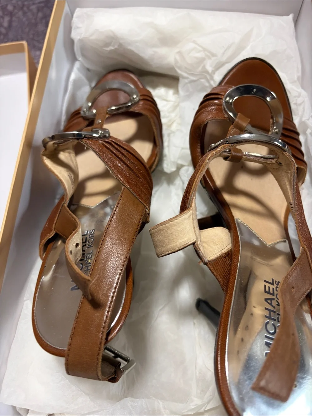 Michael Kors Brown Leather T-Strap Heeled Sandals with Silver Accents